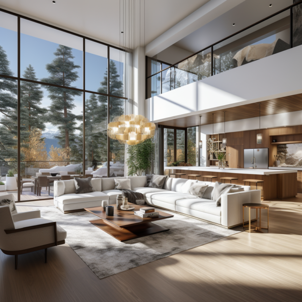 moderne grandioze woonkamer met open keuken zonlight natuurlijk gezellig good vibes welvaart droom groots natuurlijk decoratief